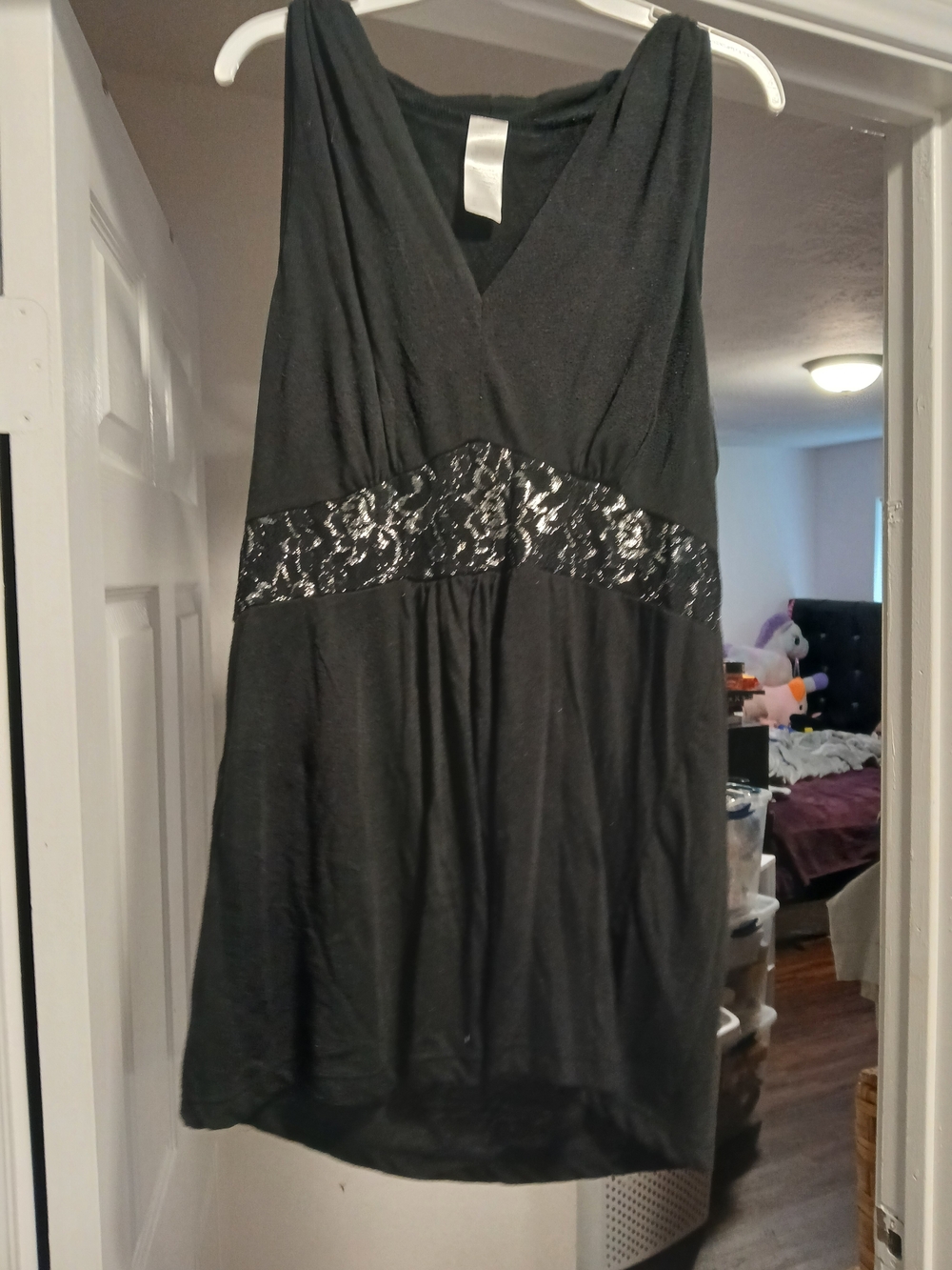 Black Lace-Accent V-Neck Women's Dress